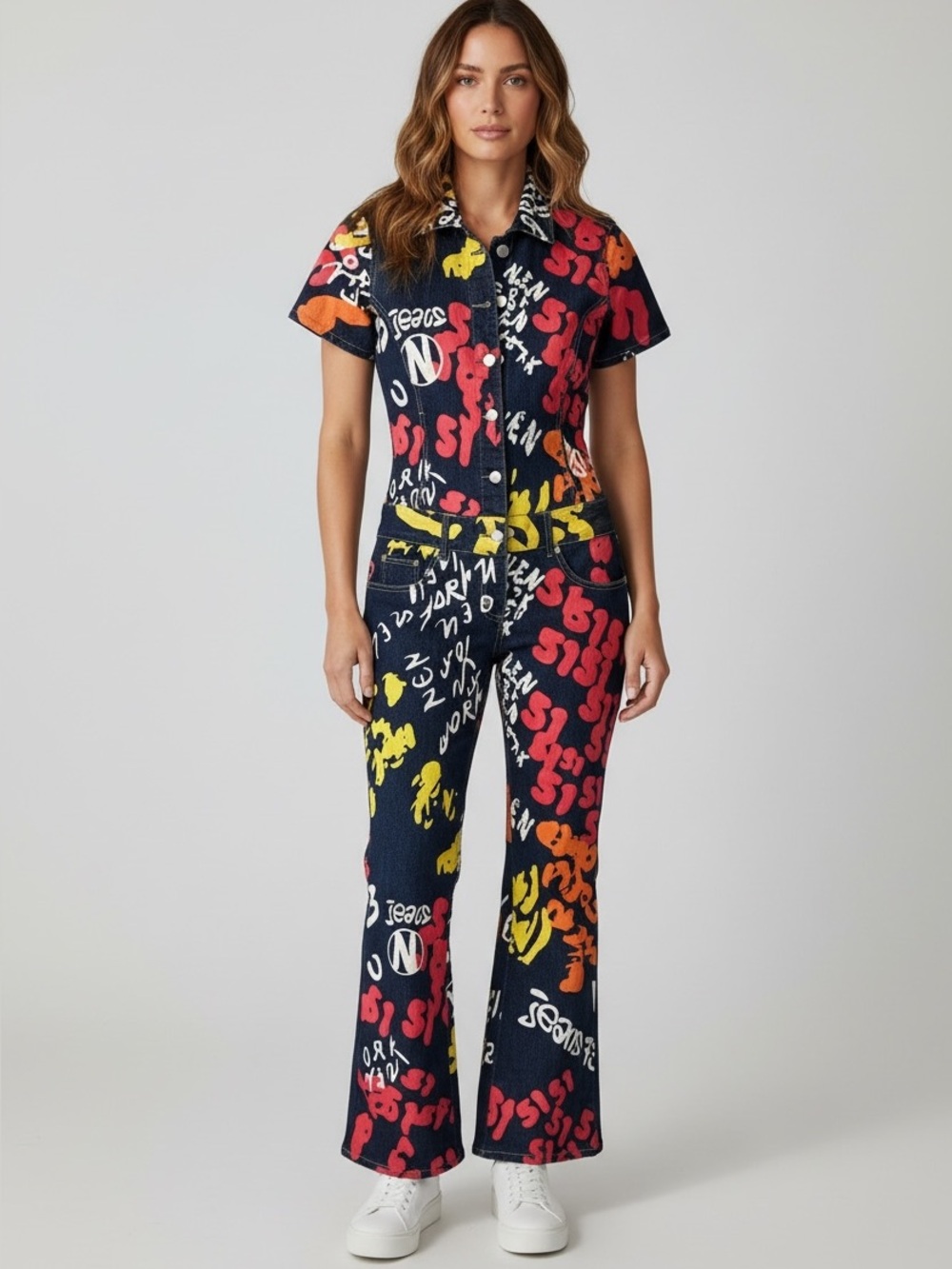 Vintage Y2K Graphic Print Denim Jumpsuit in Navy with Red & Yellow Accents